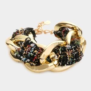 Black Gold Tweed Fabric Chain Link Bracelet Statement Jewelry